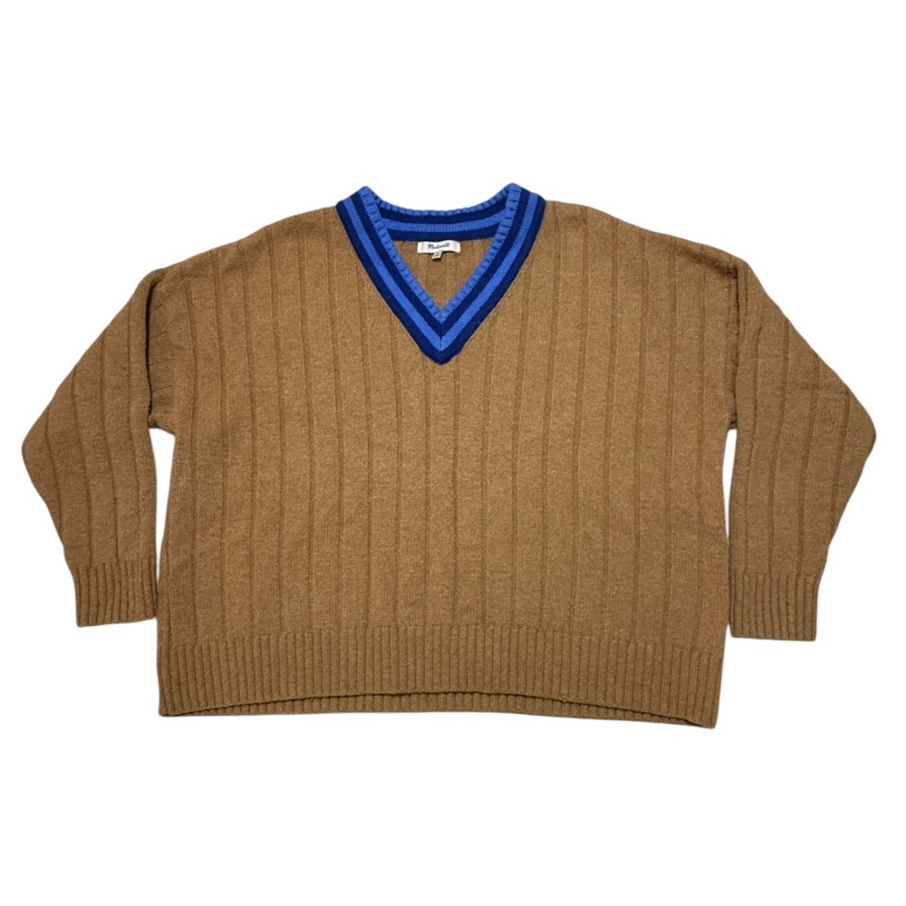 Madewell NM608 V-Neck Varsity Stripe Ribbed Sweater Camel Brown Blue XL